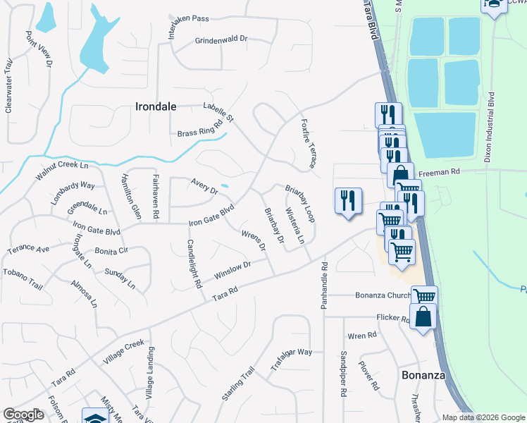 map of restaurants, bars, coffee shops, grocery stores, and more near 10311 Briarbay Drive in Jonesboro