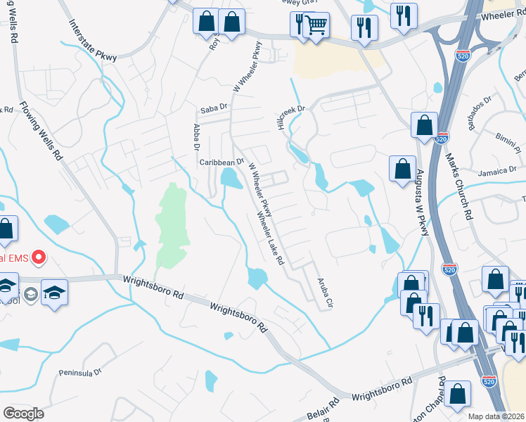 map of restaurants, bars, coffee shops, grocery stores, and more near 5062 Wheeler Lake Road in Augusta