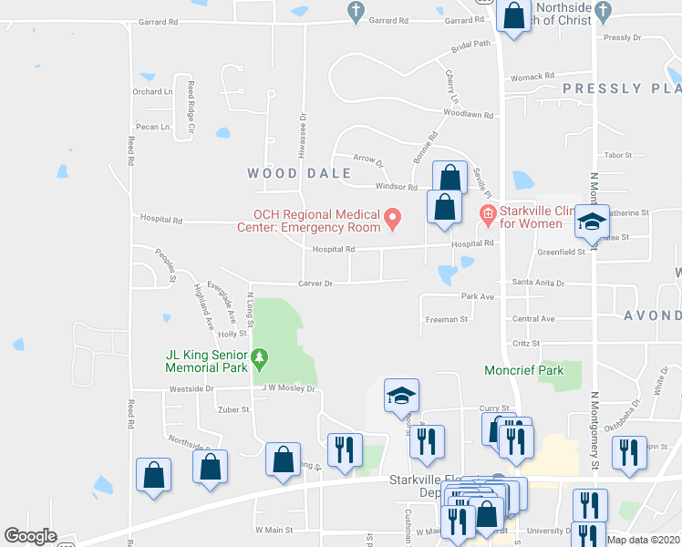 map of restaurants, bars, coffee shops, grocery stores, and more near 100 Brandon Road in Starkville