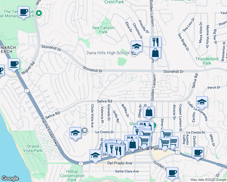 map of restaurants, bars, coffee shops, grocery stores, and more near 24432 Alta Vista Drive in Dana Point