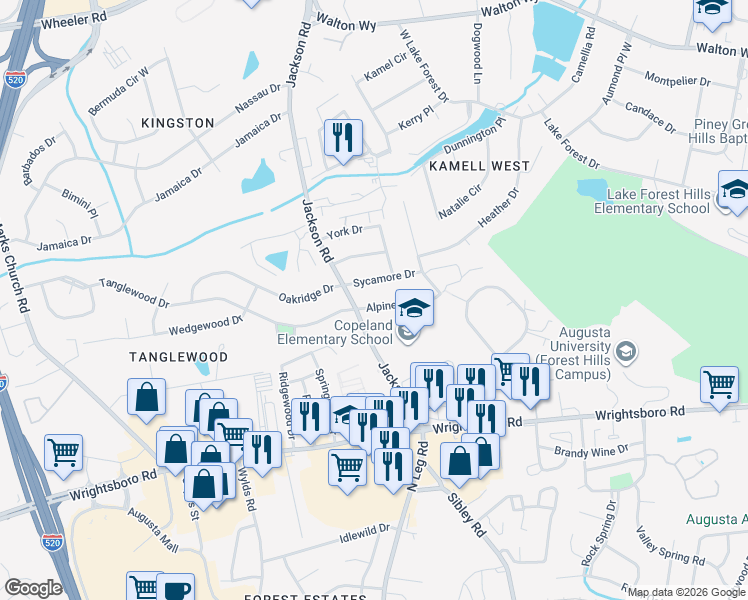 map of restaurants, bars, coffee shops, grocery stores, and more near 1428 Jackson Road in Augusta