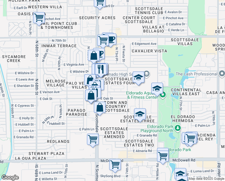 map of restaurants, bars, coffee shops, grocery stores, and more near 7254 East Vernon Avenue in Scottsdale