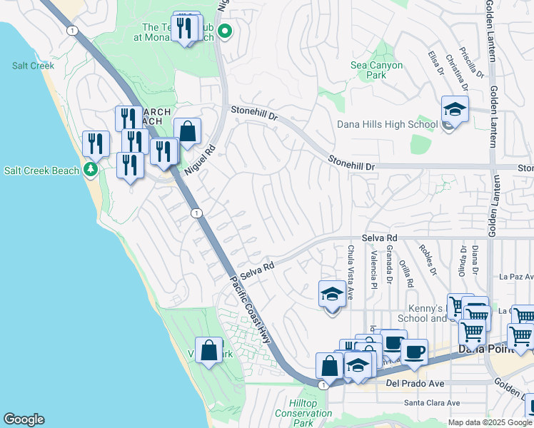 map of restaurants, bars, coffee shops, grocery stores, and more near 33671 Brigantine Drive in Dana Point