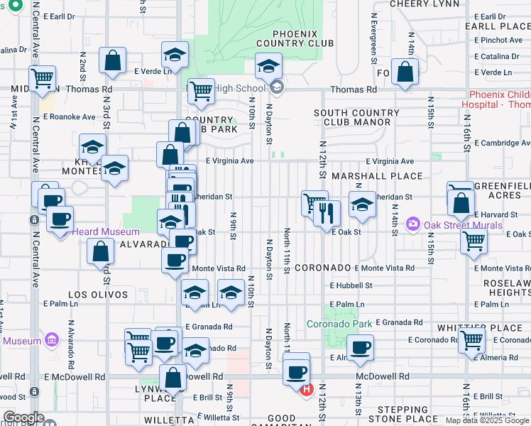 map of restaurants, bars, coffee shops, grocery stores, and more near 2330 North Dayton Street in Phoenix