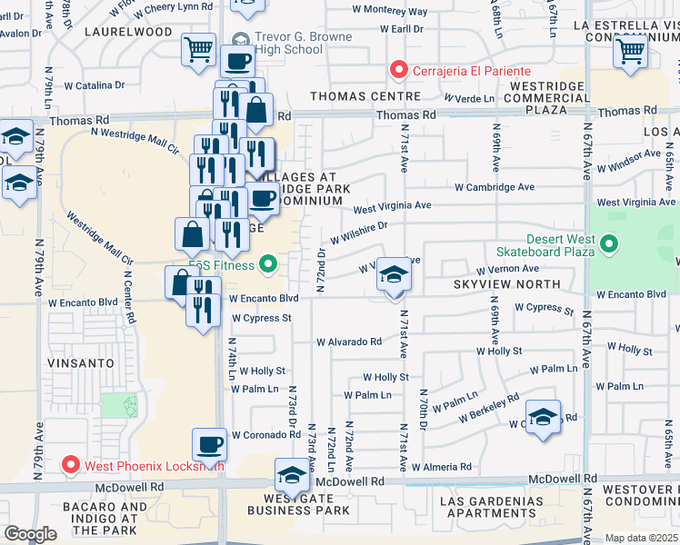 map of restaurants, bars, coffee shops, grocery stores, and more near 7208 West Vernon Avenue in Phoenix