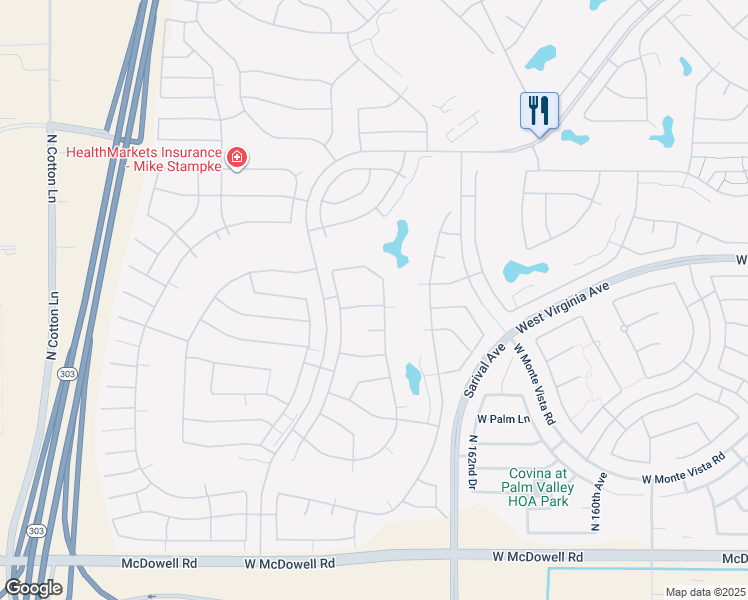 map of restaurants, bars, coffee shops, grocery stores, and more near 16464 West Virginia Avenue in Goodyear