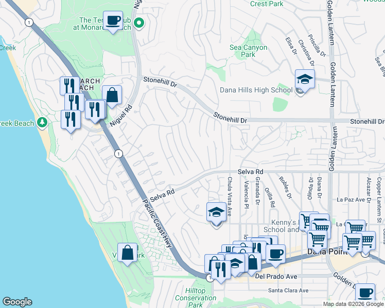 map of restaurants, bars, coffee shops, grocery stores, and more near 33665 Halyard Drive in Dana Point
