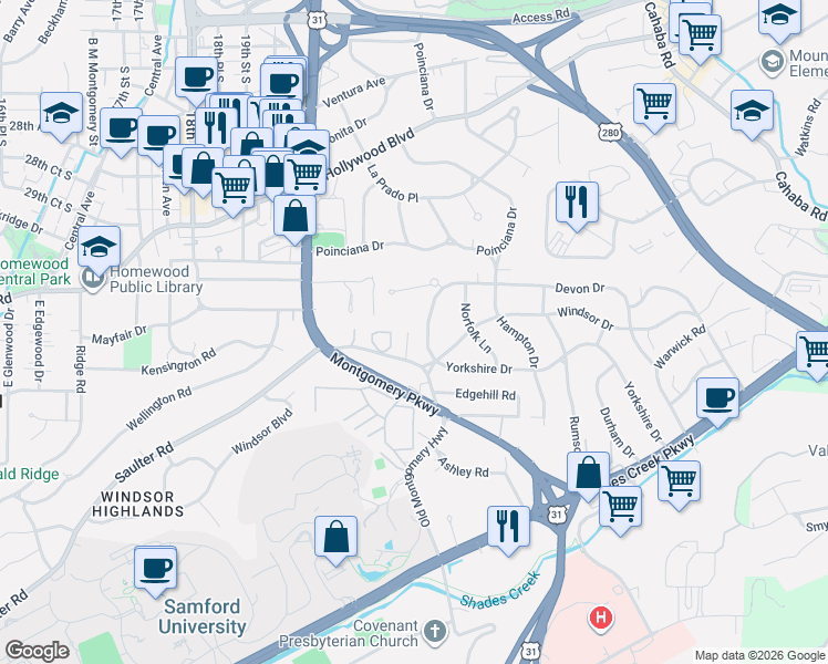 map of restaurants, bars, coffee shops, grocery stores, and more near 111 Devon Drive in Birmingham