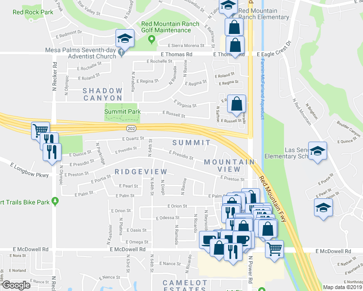 map of restaurants, bars, coffee shops, grocery stores, and more near 3226 North Ravine in Mesa