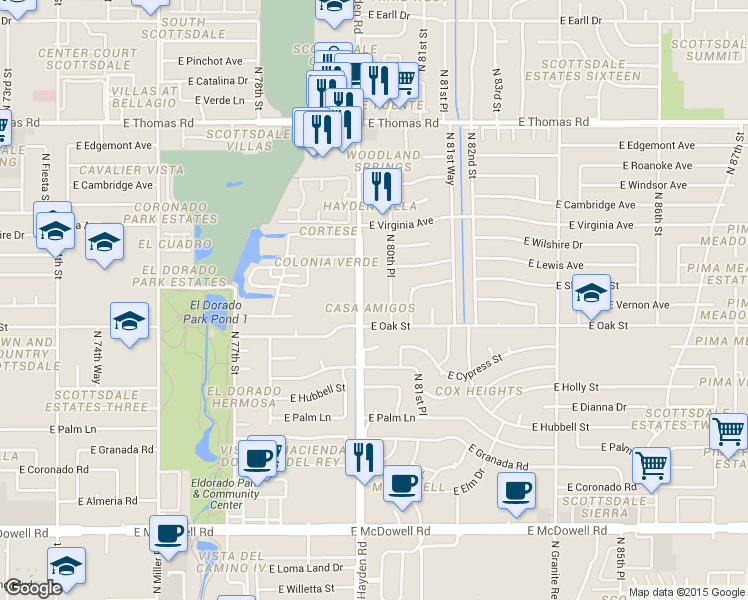 map of restaurants, bars, coffee shops, grocery stores, and more near 2318 North Hayden Road in Scottsdale