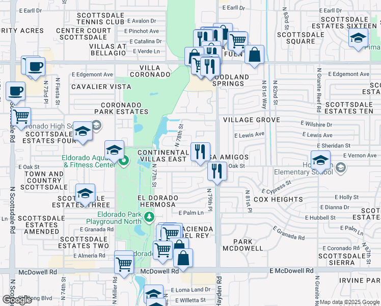 map of restaurants, bars, coffee shops, grocery stores, and more near 2322 North Hayden Road in Scottsdale