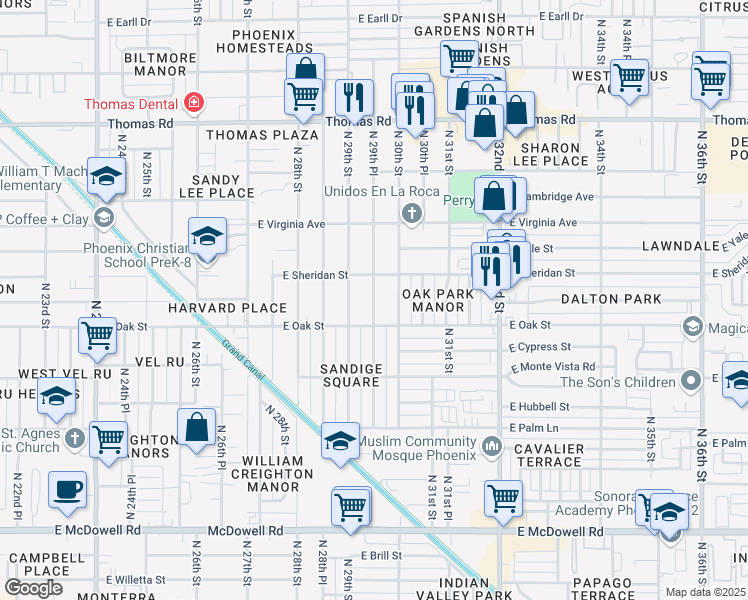 map of restaurants, bars, coffee shops, grocery stores, and more near 2324 North 29th Place in Phoenix