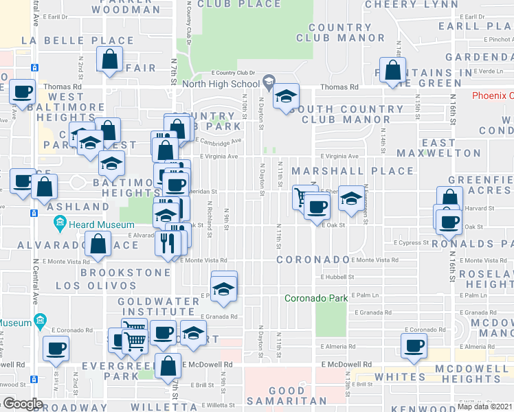 map of restaurants, bars, coffee shops, grocery stores, and more near 2329 North 10th Street in Phoenix