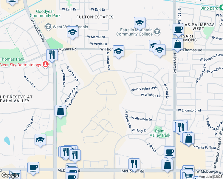 map of restaurants, bars, coffee shops, grocery stores, and more near 2489 North 135th Drive in Goodyear