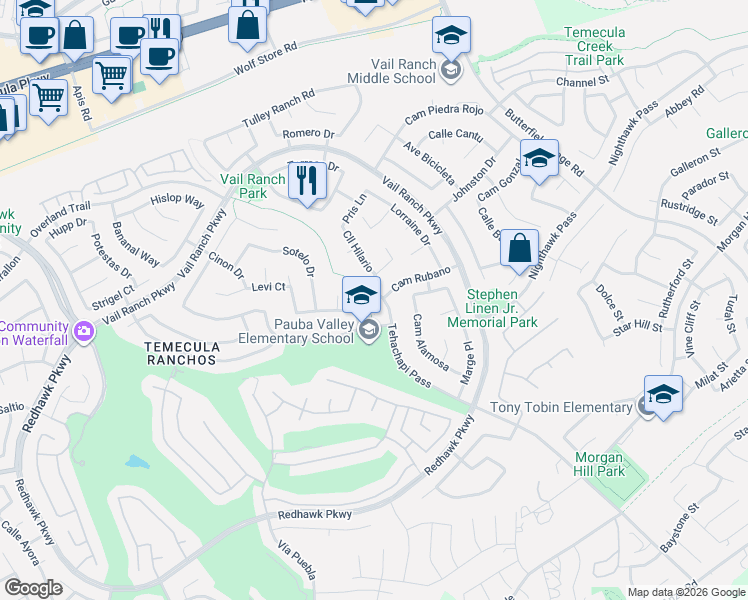 map of restaurants, bars, coffee shops, grocery stores, and more near 44757 Tehachapi Pass in Temecula