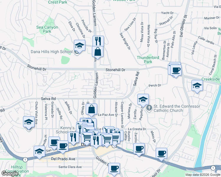 map of restaurants, bars, coffee shops, grocery stores, and more near 24852 Sea Crest Drive in Dana Point