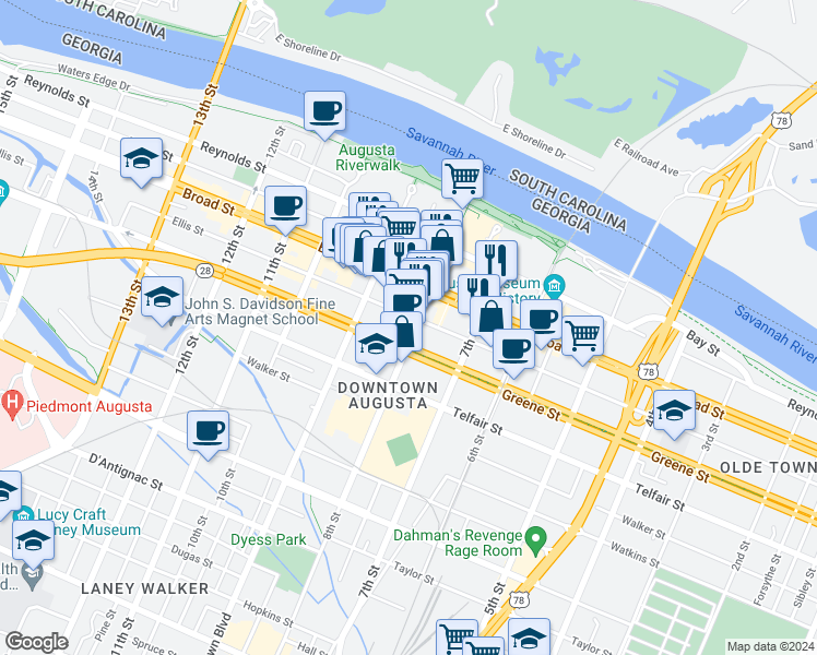 map of restaurants, bars, coffee shops, grocery stores, and more near in Augusta
