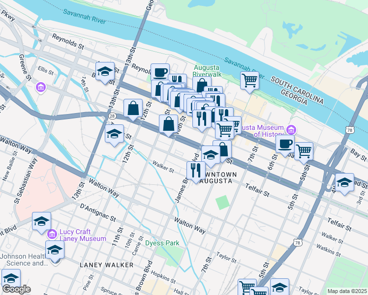 map of restaurants, bars, coffee shops, grocery stores, and more near 942 Greene Street in Augusta