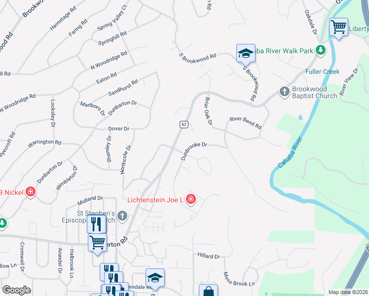 map of restaurants, bars, coffee shops, grocery stores, and more near 3336 Dunbrooke Drive in Birmingham