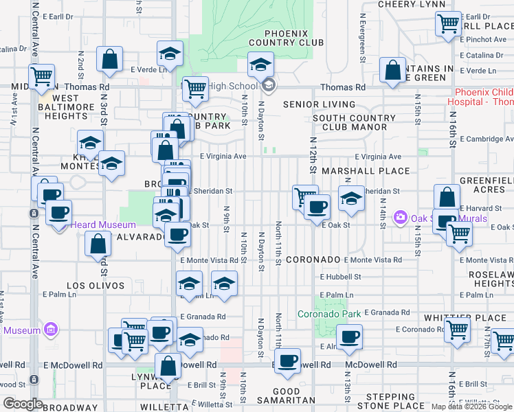 map of restaurants, bars, coffee shops, grocery stores, and more near 2330 North Dayton Street in Phoenix
