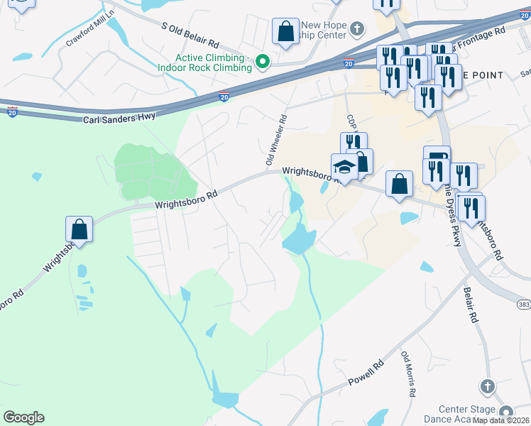 map of restaurants, bars, coffee shops, grocery stores, and more near 808 Trailside Court in Grovetown