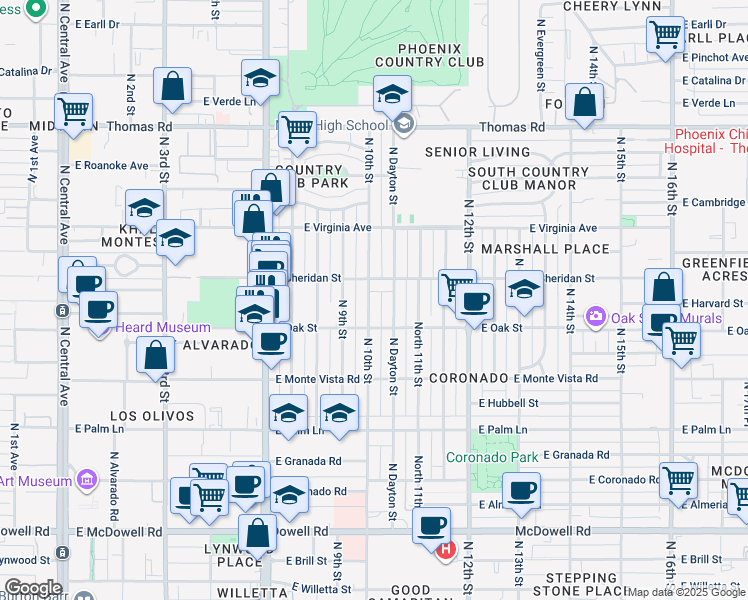 map of restaurants, bars, coffee shops, grocery stores, and more near 2329 North 10th Street in Phoenix