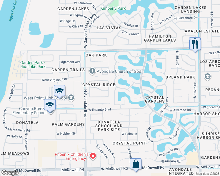 map of restaurants, bars, coffee shops, grocery stores, and more near 11410 Virginia Avenue in Avondale