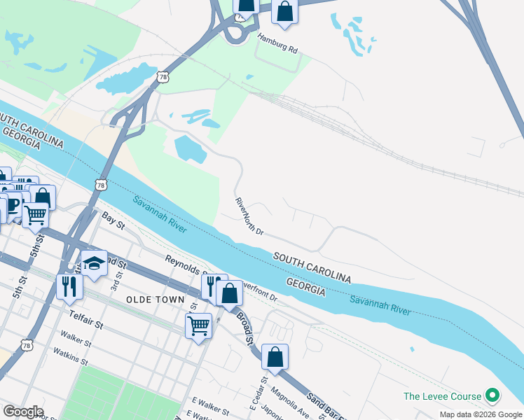 map of restaurants, bars, coffee shops, grocery stores, and more near 355 Rivernorth Drive in North Augusta