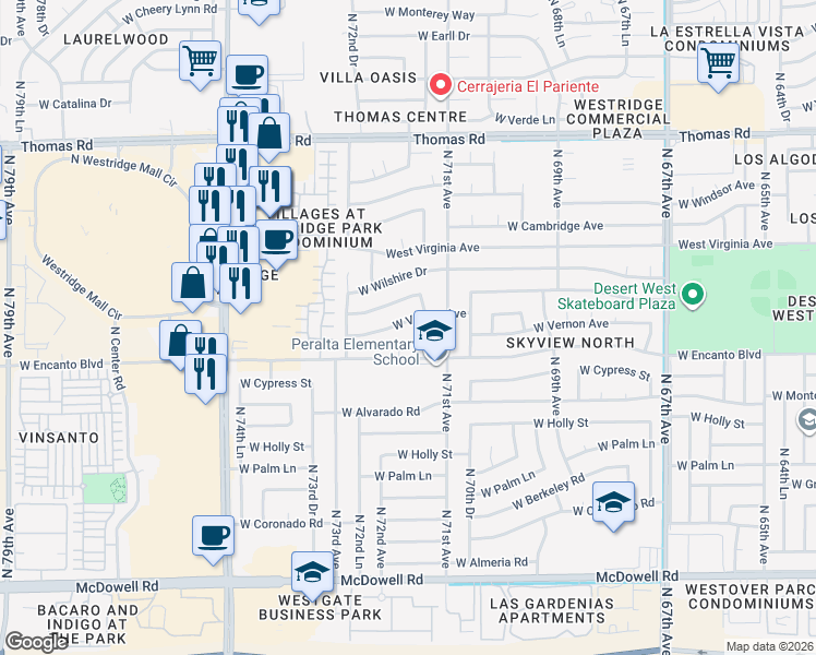 map of restaurants, bars, coffee shops, grocery stores, and more near 7135 West Vernon Avenue in Phoenix