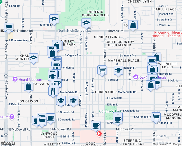 map of restaurants, bars, coffee shops, grocery stores, and more near 2330 North 11th Street in Phoenix