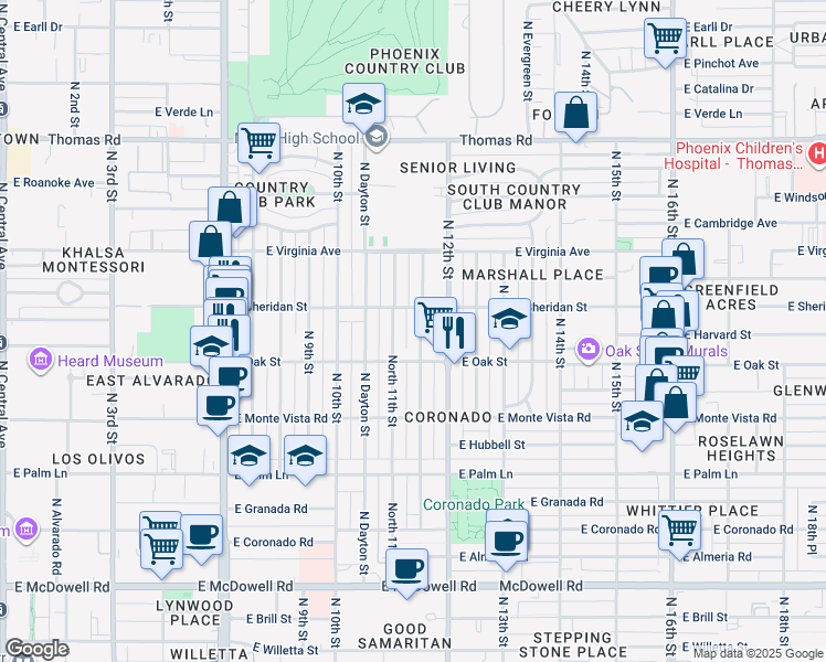 map of restaurants, bars, coffee shops, grocery stores, and more near 2326 North Mitchell Street in Phoenix