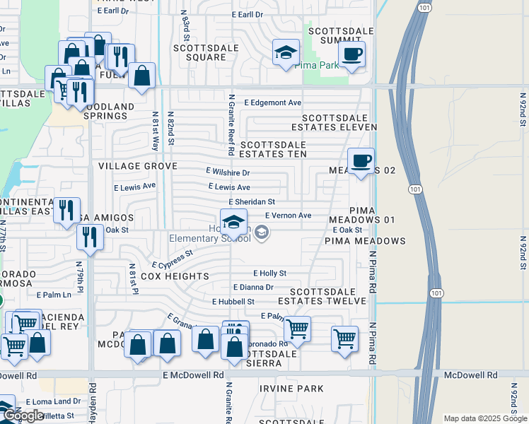 map of restaurants, bars, coffee shops, grocery stores, and more near 8444 East Vernon Avenue in Scottsdale