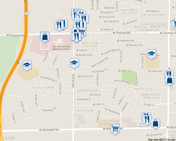 map of restaurants, bars, coffee shops, grocery stores, and more near 8932 W Sheridan St in Phoenix