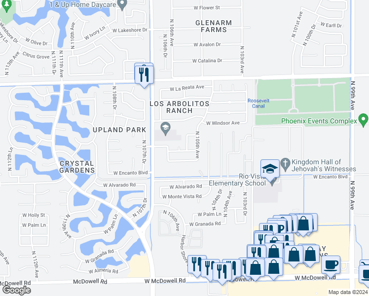 map of restaurants, bars, coffee shops, grocery stores, and more near 10520 Virginia Avenue in Avondale