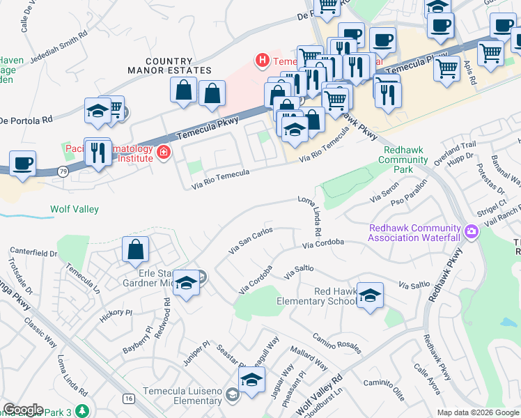 map of restaurants, bars, coffee shops, grocery stores, and more near 31607 Loma Linda Road in Temecula