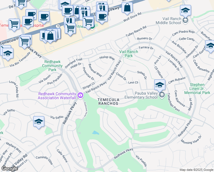 map of restaurants, bars, coffee shops, grocery stores, and more near 44915 Machon Road in Temecula