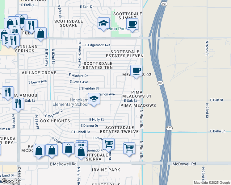 map of restaurants, bars, coffee shops, grocery stores, and more near 8614 East Vernon Avenue in Scottsdale