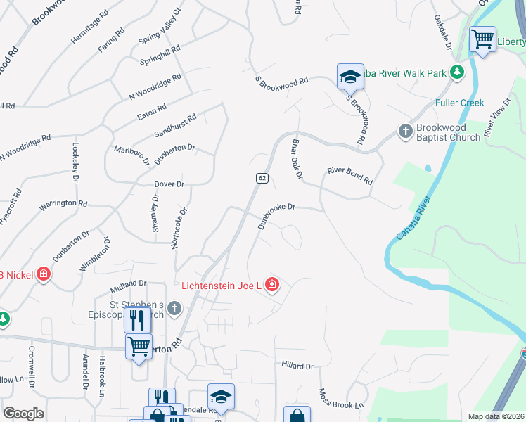 map of restaurants, bars, coffee shops, grocery stores, and more near 3336 Dunbrooke Dr in Birmingham
