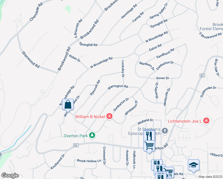 map of restaurants, bars, coffee shops, grocery stores, and more near 3025 Warrington Road in Birmingham