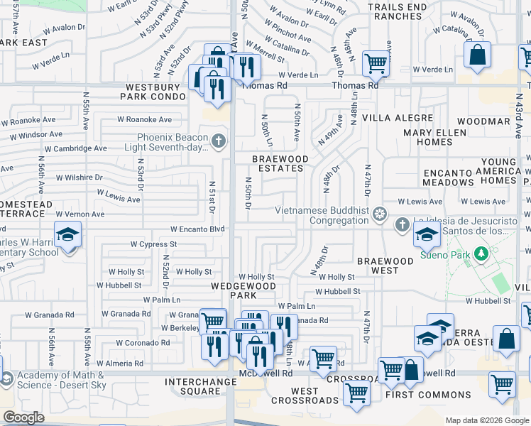 map of restaurants, bars, coffee shops, grocery stores, and more near 5023 W Lewis Ave in Phoenix