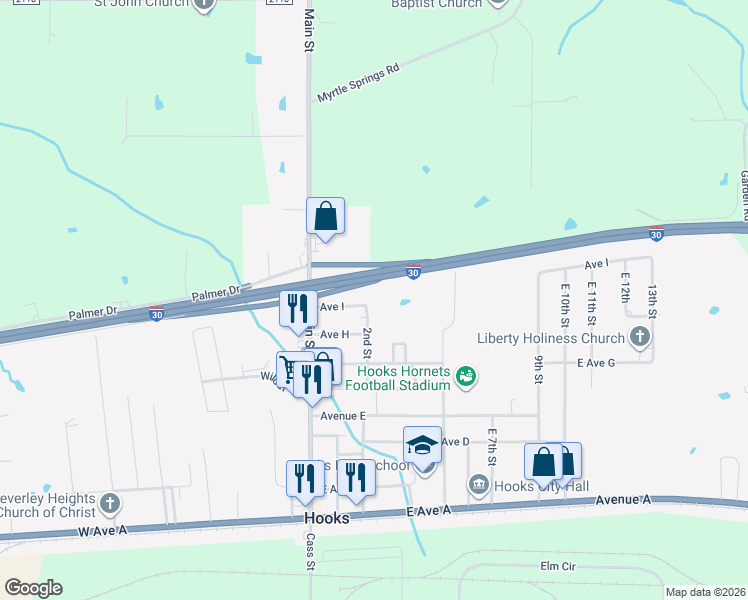 map of restaurants, bars, coffee shops, grocery stores, and more near 201 Avenue I in Hooks