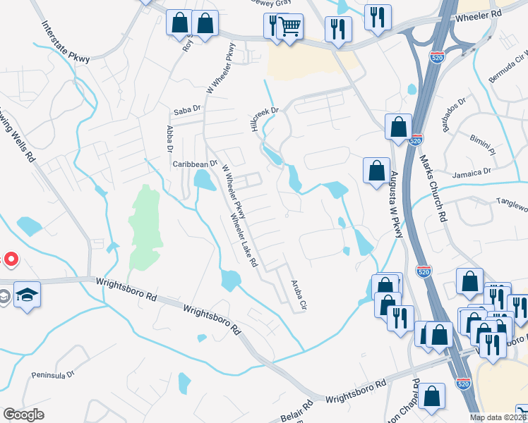 map of restaurants, bars, coffee shops, grocery stores, and more near 7120 Belize Drive in Augusta
