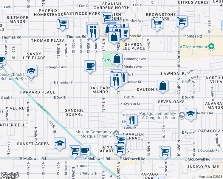 map of restaurants, bars, coffee shops, grocery stores, and more near 2323 North 31st Place in Phoenix