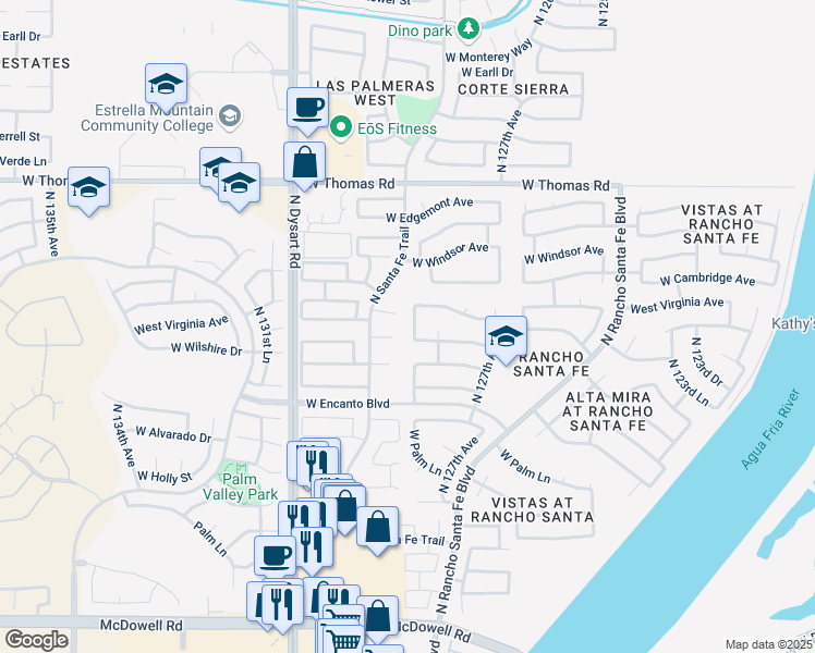 map of restaurants, bars, coffee shops, grocery stores, and more near 2410 North 127th Lane in Avondale