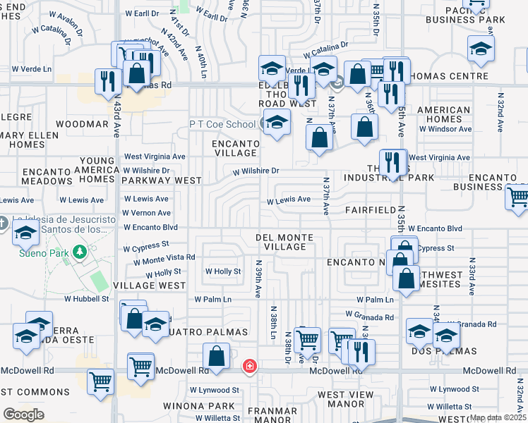 map of restaurants, bars, coffee shops, grocery stores, and more near 2325 North 39th Avenue in Phoenix