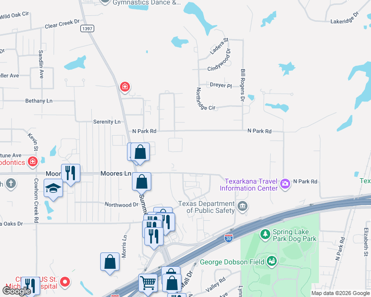 map of restaurants, bars, coffee shops, grocery stores, and more near 40 Enclave in Texarkana