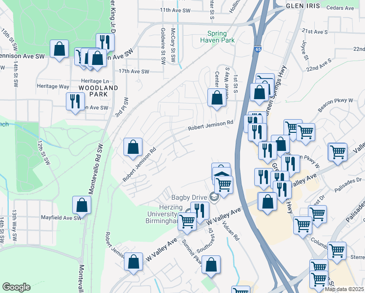 map of restaurants, bars, coffee shops, grocery stores, and more near Skyview Drive in Birmingham