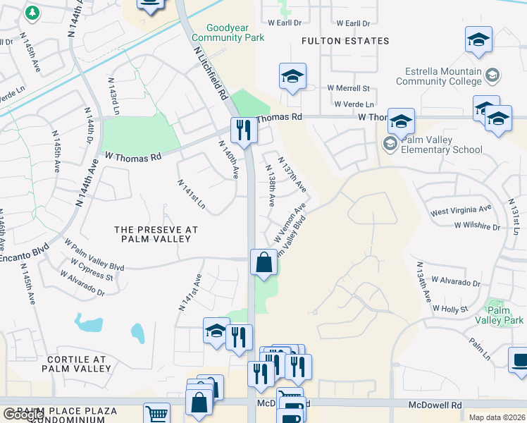 map of restaurants, bars, coffee shops, grocery stores, and more near 13874 West Wilshire Drive in Goodyear