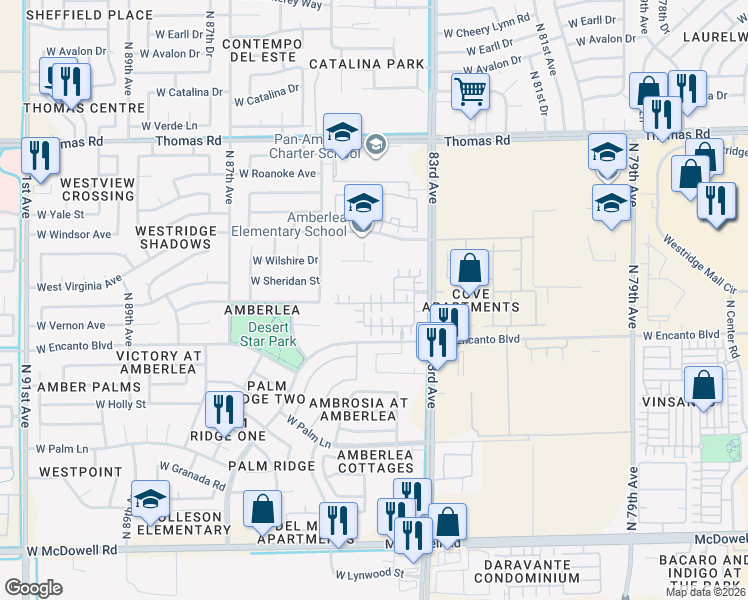 map of restaurants, bars, coffee shops, grocery stores, and more near 8432 West Lewis Avenue in Phoenix