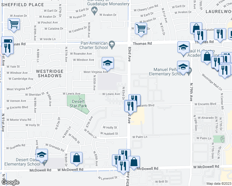 map of restaurants, bars, coffee shops, grocery stores, and more near 2422 North 83rd Lane in Phoenix